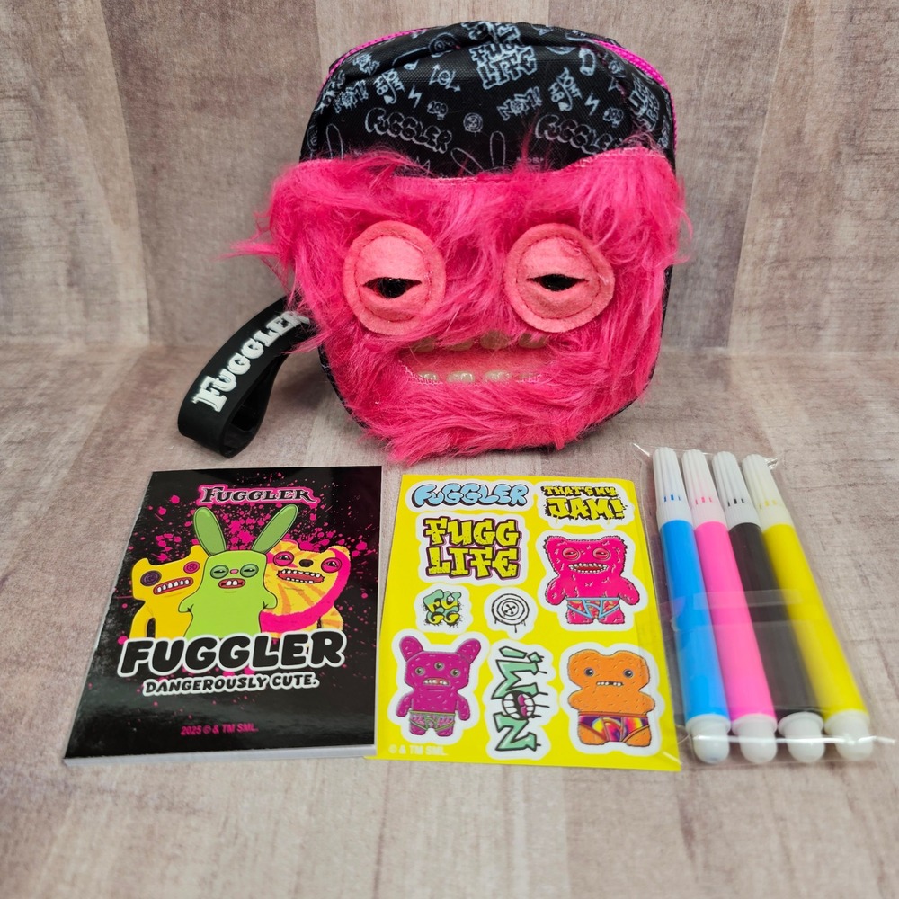 Fuggler Dangerously Cute Pink Fuzzy Monster Mini Backpack Clip Activity Set NWOT